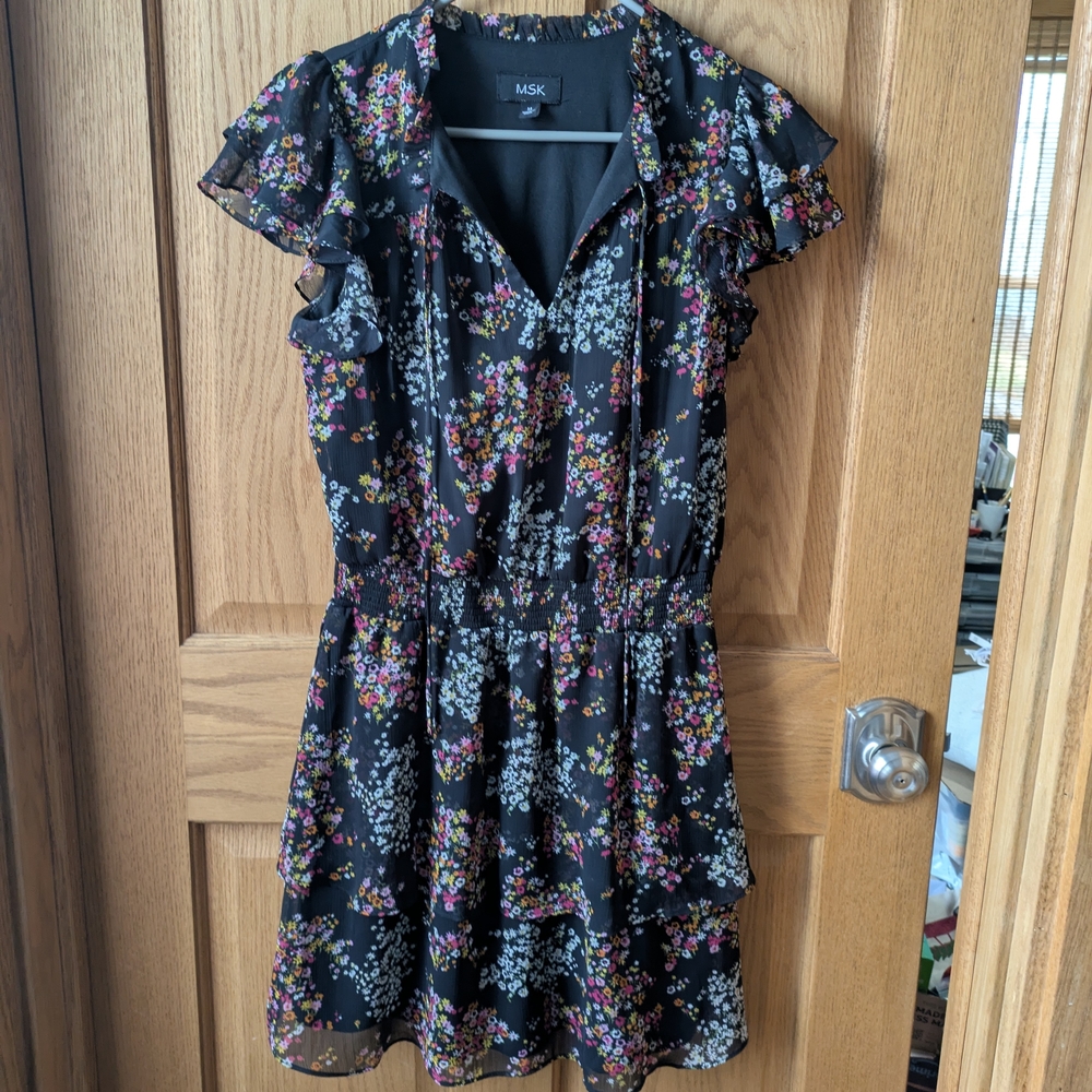 MSK Black Floral Ruffle Mini Dress